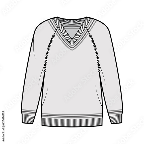 Cricket Sweater technical fashion illustration with stripes, rib V-neck, long raglan sleeves, oversized, hip length, knit trim. Flat apparel front, grey color style. Women, men unisex CAD mockup