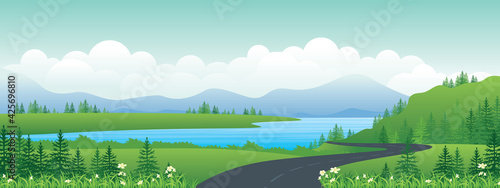 Panoramic landscape cartoon illustration, natural banner, beautiful rural scenery, summer panorama, green highlands, road and lake