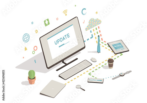 Isometric computer, smartphone, tablet with update screen