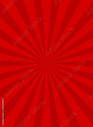 Sunlight rays vertical poster. Red burst background. Vector illustration.