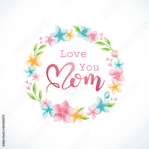 Happy Mother's Day poster and banner template with colorful flowers on white background. Vector illustration for women's day, shop, invitation, discount, sale, flyer, decoration.