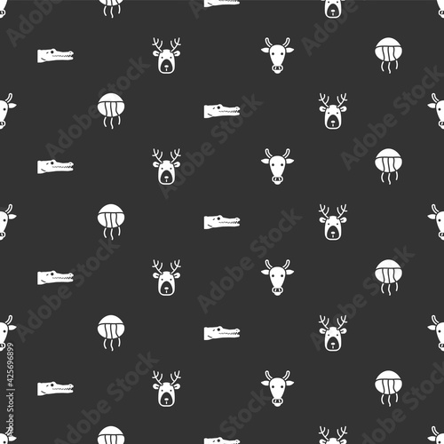 Set Cow head, Jellyfish, Crocodile and Deer with antlers on seamless pattern. Vector photo