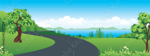 Panoramic landscape cartoon illustration, natural banner, beautiful rural scenery, summer panorama, green highlands, road and lake