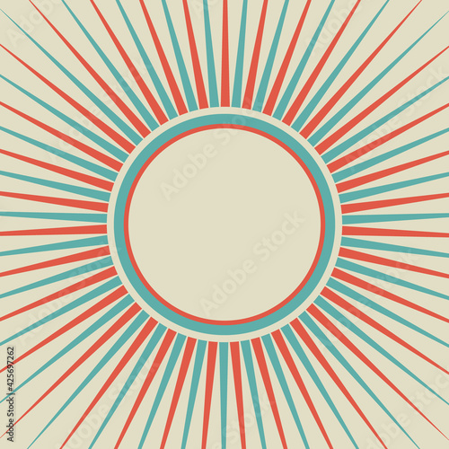 Sunlight retro background with vintage round frame for text. Red, blue and beige color burst background.