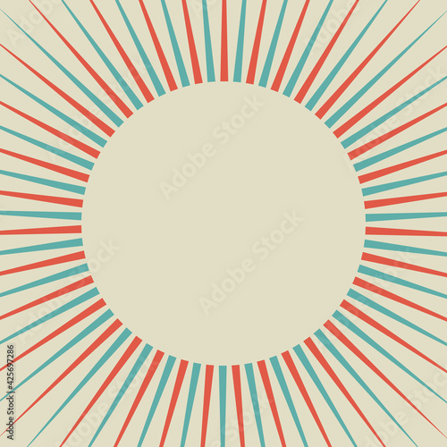 Sunlight retro background with vintage round frame for text. Red, blue and beige color burst background.