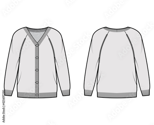 Sweater cardigan technical fashion illustration with V- neck, long raglan sleeves, oversized, fingertip length, knit rib trim. Flat apparel front, back, grey color style. Women, men unisex CAD mockup