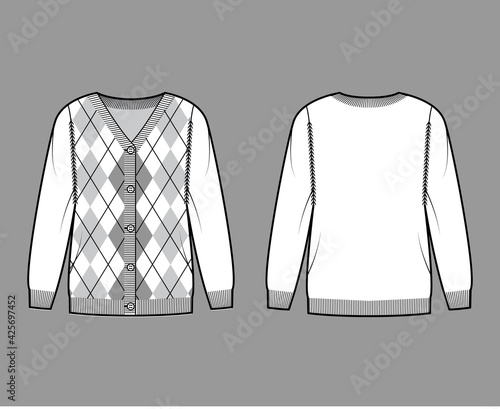 Argyle cardigan technical fashion illustration with rib V-neck, long sleeves, oversized, fingertip length, knit cuff trim. Flat sweater apparel front, back, white color. Women, men unisex CAD mockup