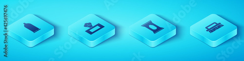 Set Isometric Condom, Wet wipe pack, Brush for cleaning and icon. Vector