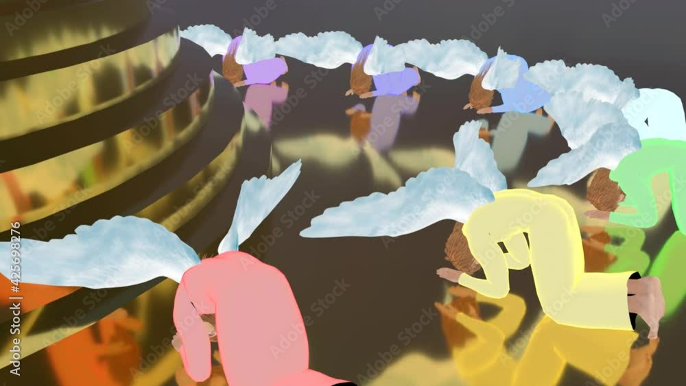 7 colored archangels prostrate before the throne, travel to the left