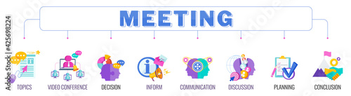 Meeting banner with color icons. Teamwork, working, meeting and management.