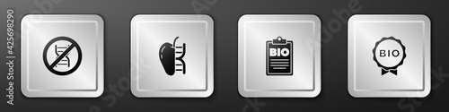 Set Stop GMO, Genetically modified apple, Document for bio healthy food and Label icon. Silver square button. Vector