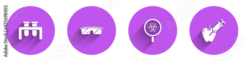 Set Test tube and flask, Laboratory glasses, Biohazard magnifying and Genetically modified apple icon with long shadow. Vector