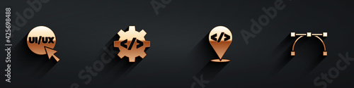 Set UI or UX design, Front end development, and Bezier curve icon with long shadow. Vector