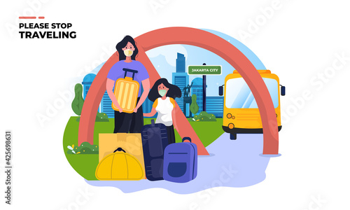 Tableau sur toile Illustration with stop traveling message, stop mudik to your hometown with a bus