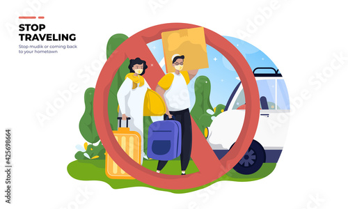 Warning to stop mudik with illustration of Muslim family getting ready to travel