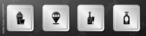 Set Cocktail shaker, Alcohol bar location, Champagne bottle and glass and drink Rum icon. Silver square button. Vector