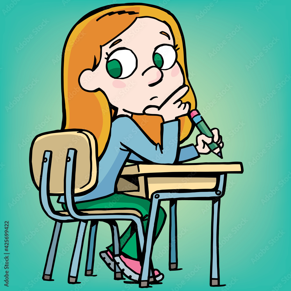 the girl is thinking about a task in the school desk the girl is thinking about a task in the school desk