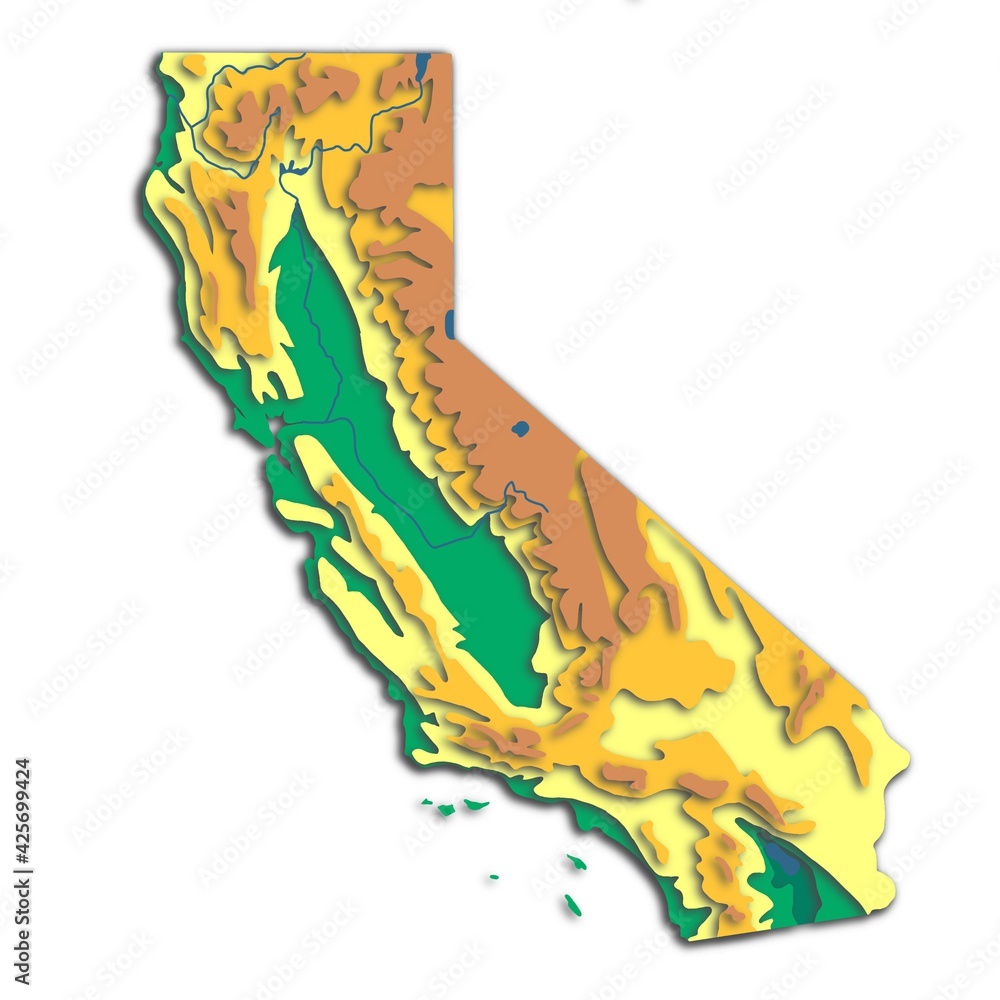 California US state relief physical hypsometric map illustration layers ...