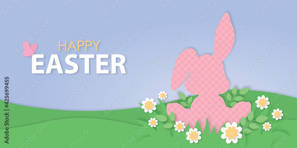 Happy Easter bunny on grass papercut illustration, cute rabbit on meadow, cut out daisy flowers, spring nature design Happy Easter bunny on grass papercut illustration, cute rabbit on meadow, cut out daisy flowers, spring nature design