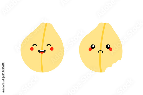 Couple of cartoon style chickpeas, chick pea seeds characters cute and smiling and sad with bite mark.