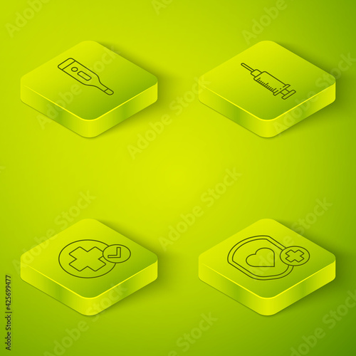 Set Isometric Syringe, Cross hospital medical, Shield and heart rate and Medical digital thermometer icon. Vector