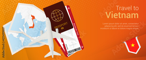 Travel to Vietnam pop-under banner. Trip banner with passport, tickets, airplane, boarding pass, map and flag of Vietnam.