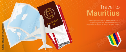 Travel to Mauritius pop-under banner. Trip banner with passport, tickets, airplane, boarding pass, map and flag of Mauritius.