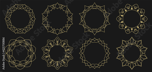 Set of decorative frames. Geometric ornaments. Circle pattern. Round borders made of lines and decorative elements. Design background for invitations and holiday cards.