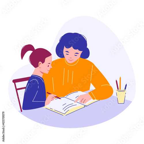 A woman tutor with a schoolgirl studying at home. They do their homework. Vector education concept. Illustration in flat cartoon style.