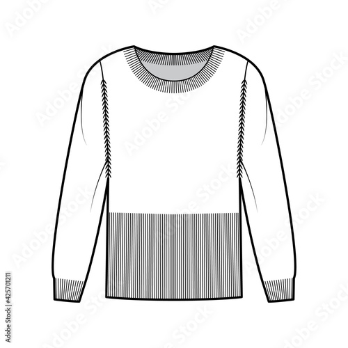 Waisted Sweater technical fashion illustration with rib round neck, long sleeves, fitted body, hip length, knit trim. Flat apparel front, white color style. Women, men unisex CAD mockup