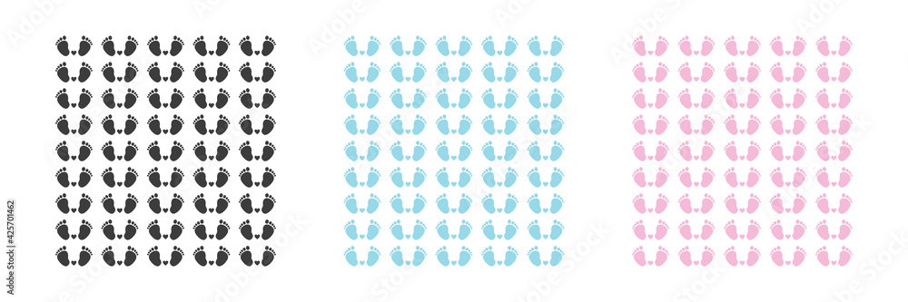 Fototapeta premium Set. Baby foot prints. Baby shower background. Blue, pink and black legs pattern. Illustration.