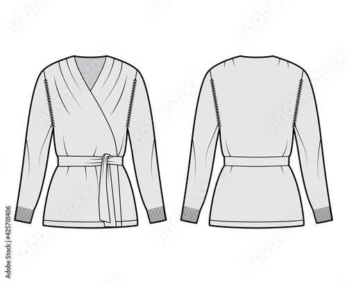 Wrap cardigan technical fashion illustration with V- neck, tie, long sleeves, slim fit, hip length, knit rib trim. Flat Sweater apparel front, back, grey color style. Women, men unisex CAD mockup