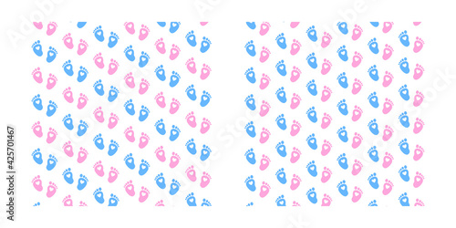 Set. Baby foot prints. Baby shower background. Blue and pink legs pattern. Illustration.
