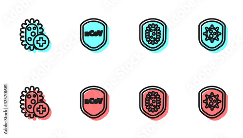 Set line Shield protecting from virus, Positive, and icon. Vector