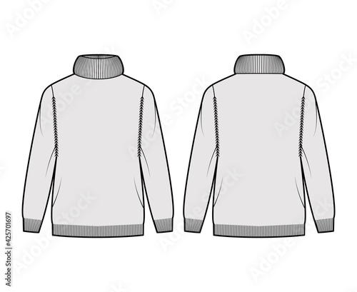 Sweater Exaggerated Turtleneck technical fashion illustration with long sleeves, oversized, hip length, knit rib trim. Flat apparel front, back, grey color style. Women, men unisex CAD mockup