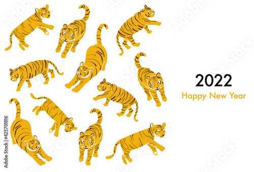 ゆるくてかわいい手書きの虎の2022年年賀状テンプレートのベクターイラスト(横)