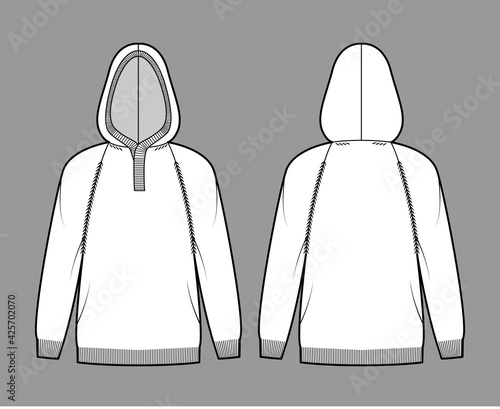 Hooded Sweater technical fashion illustration with rib henley neck, long raglan sleeves, oversized, hip length, knit rib trim. Flat apparel front, back, white color style. Women, men unisex CAD mockup