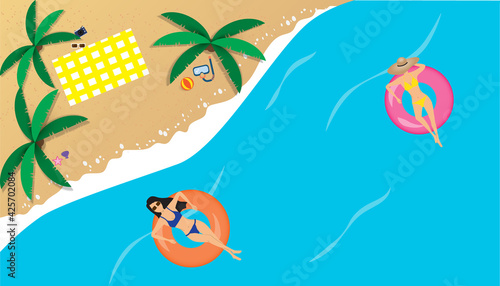 Summer beach design  people relaxing on a tubing in the sea  gorgeous summer vacation The view is high from the top. Summer for a beach vacation.