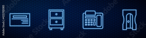 Set line Telephone, Business card, Drawer with documents and Pencil sharpener. Glowing neon icon on brick wall. Vector