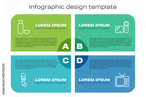 Set line Microphone, USB flash drive, Retro tv and Cinema camera. Business infographic template. Vector