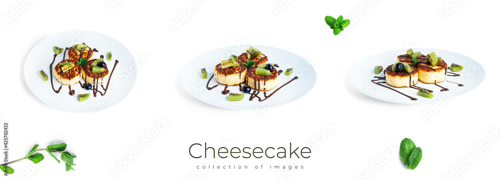 Cheesecakes with berries isolated on a white background. Cheese fritters isolated.