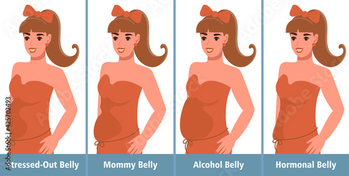 Types of Tummies for women. Overweight woman. Post-pregnancy, menopausal hormonal belly, beer belly, bloating belly and overweight.