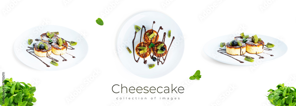 Cheesecakes with berries isolated on a white background. Cheese fritters isolated.