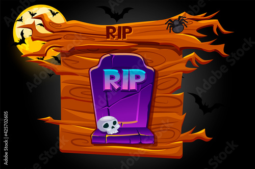 Game rip icon, wooden banner and scary night.