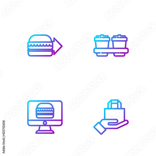 Set line Online ordering and delivery, , burger and Coffee cup to go. Gradient color icons. Vector