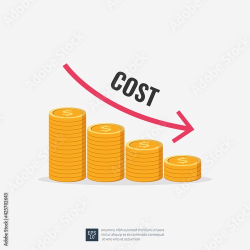 Costs reduction, costs cut, costs optimization business concept. Coin stacks with descending curve or arrow vector illustration.