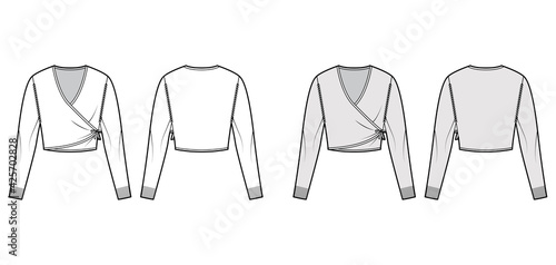Ballet cardigan technical fashion illustration with V- neck, long sleeves, slim fit, crop length, knit rib trim. Flat Sweater bolero apparel front, back, white grey color style. Women, men CAD mockup