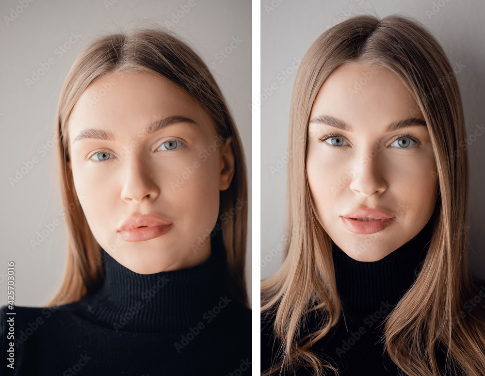 Eyelash extension procedure before and after. Beautiful woman with long lash in beauty salon Eyelash extension procedure before and after. Beautiful woman with long lash in beauty salon