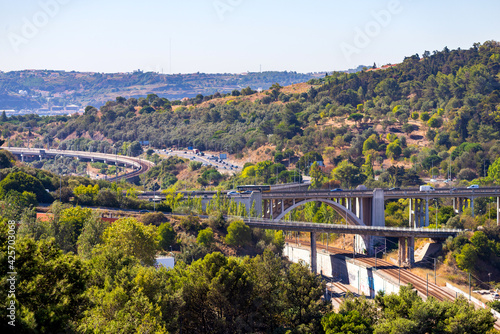Top view of road traffic and roofs in Lisbon, Portugal