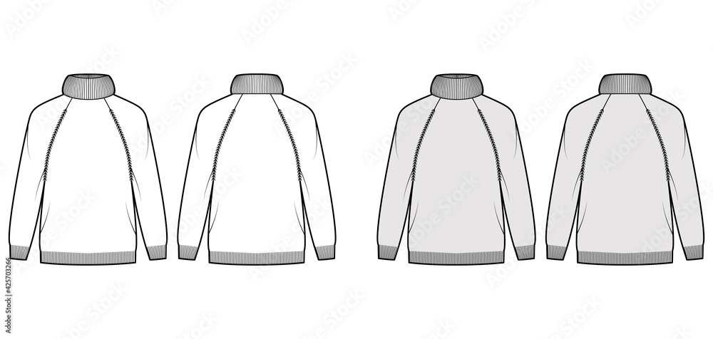 Sweater Exaggerated Turtleneck technical fashion illustration with long raglan sleeves, oversized, hip length, knit rib trim. Flat apparel front, back, white grey color. Women, men unisex CAD mockup Sweater Exaggerated Turtleneck technical fashion illustration with long raglan sleeves, oversized, hip length, knit rib trim. Flat apparel front, back, white grey color. Women, men unisex CAD mockup